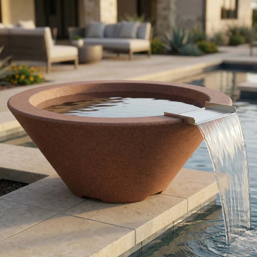 Cafe brown concrete fire and water bowl with clear water stream spilling over rim