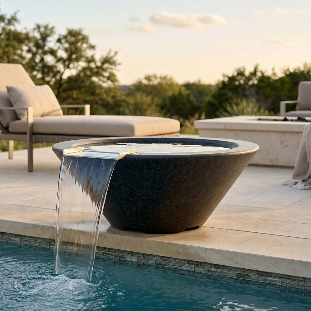 Dark concrete fire and water bowl with continuous water pour from spout