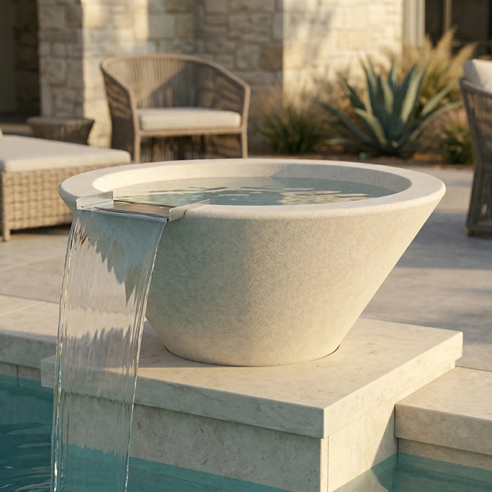 Concrete fire and water bowl with light sand finish and clear cascading water stream