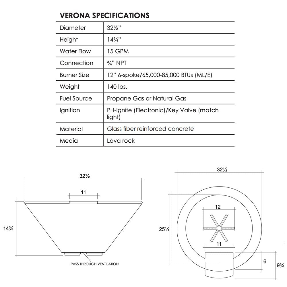 Verona concrete gas fire and water bowl specifications diagram with measurements