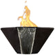 Concrete gas-and-water fire bowl with yellow flame, dark exterior and silver inner liner