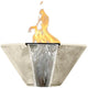 Concrete gas-and-water fire bowl with yellow flame, sandy beige exterior and silver liner