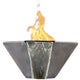 Concrete gas-and-water fire bowl with yellow flame, dark gray exterior and silver liner