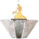 Concrete gas-and-water fire bowl with yellow flame, pale gray exterior and silver liner