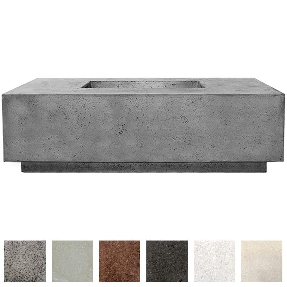 Gray concrete gas fire pit with an open recessed burner basin