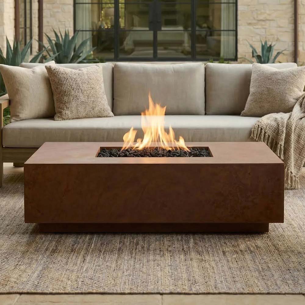 Brown concrete gas fire pit with tall flames and dark lava-rock burner