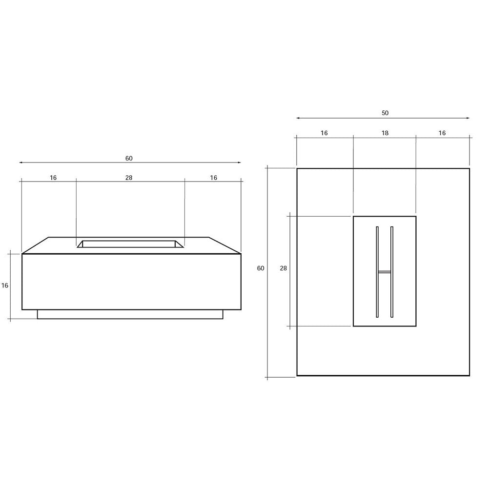 Concrete gas fire pit diagram with rectangular 60x50-inch shape and recessed burner