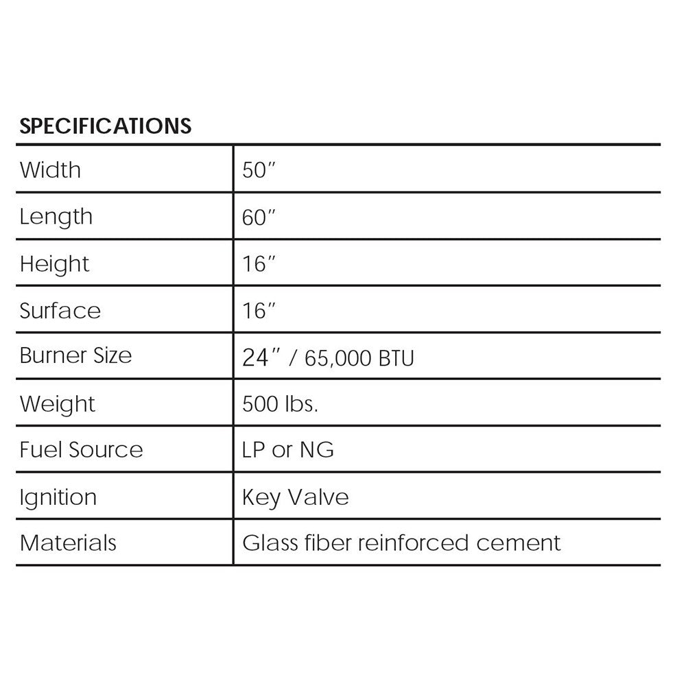 Concrete gas fire pit specifications: 50in W, 60in L, 16in H, 65,000 BTU