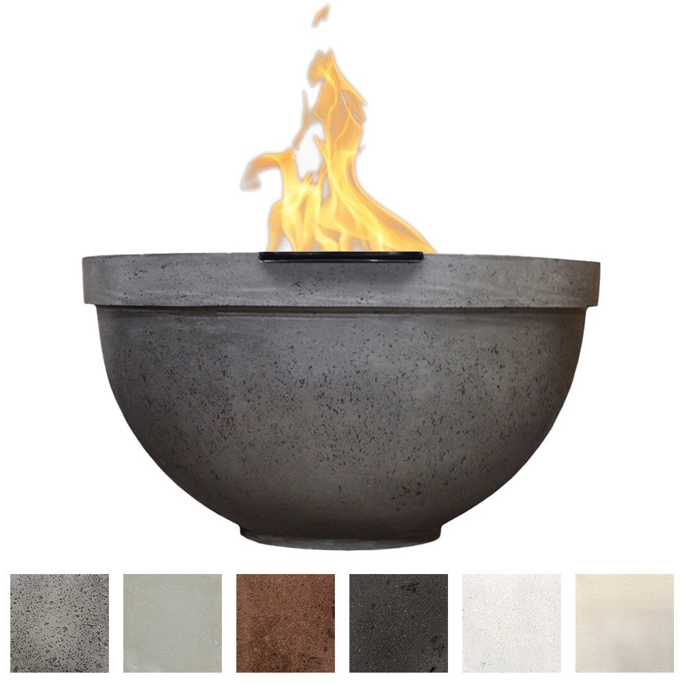 Round dark concrete gas fire bowl with open top and tall flame over lava rock.