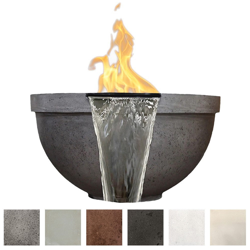 Concrete gas and water bowl with flame and glass water fall panel, dark finish