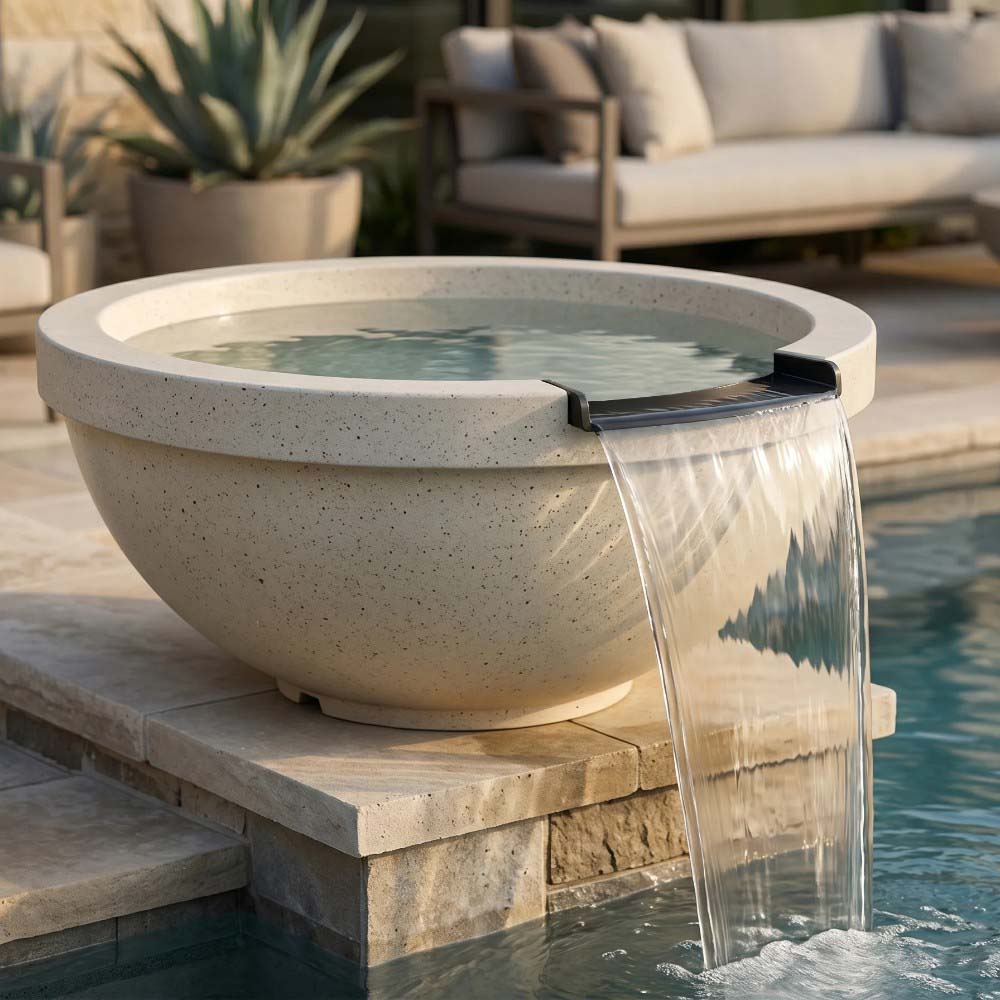 Light speckled concrete gas and water bowl with water pouring into pool