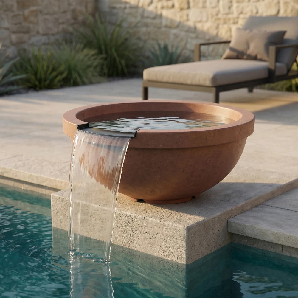 Brown concrete gas and water bowl with glass water curtain flowing from edge