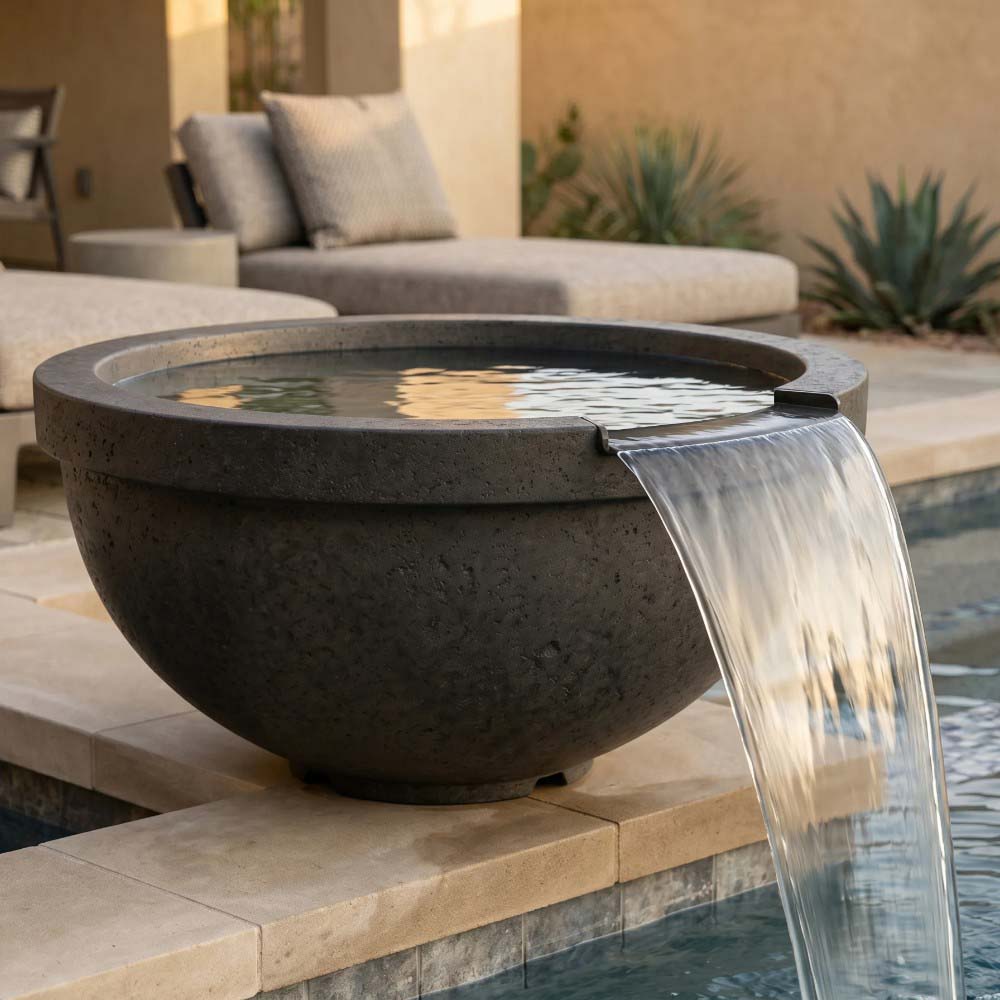 Speckled dark concrete gas and water bowl with water pouring over glass chute