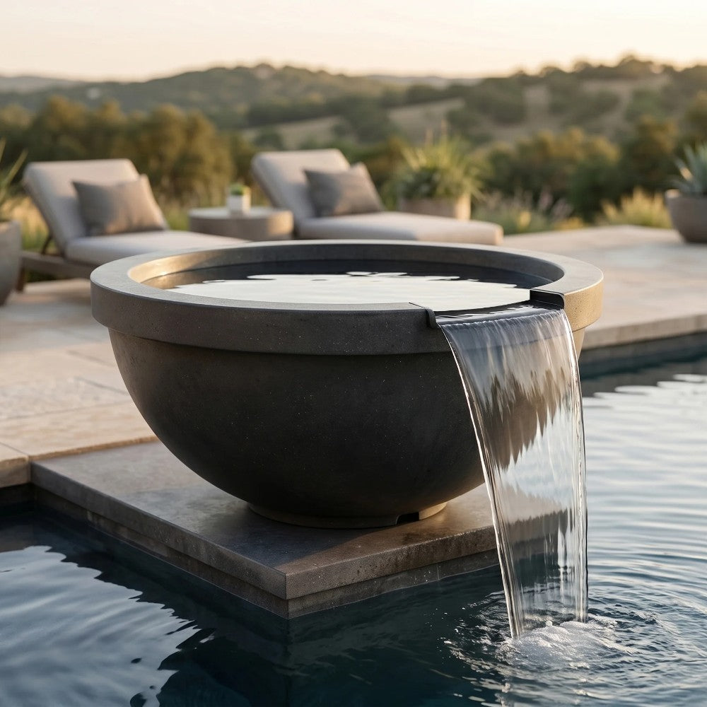 Dark concrete gas and water bowl with water stream from glass spout