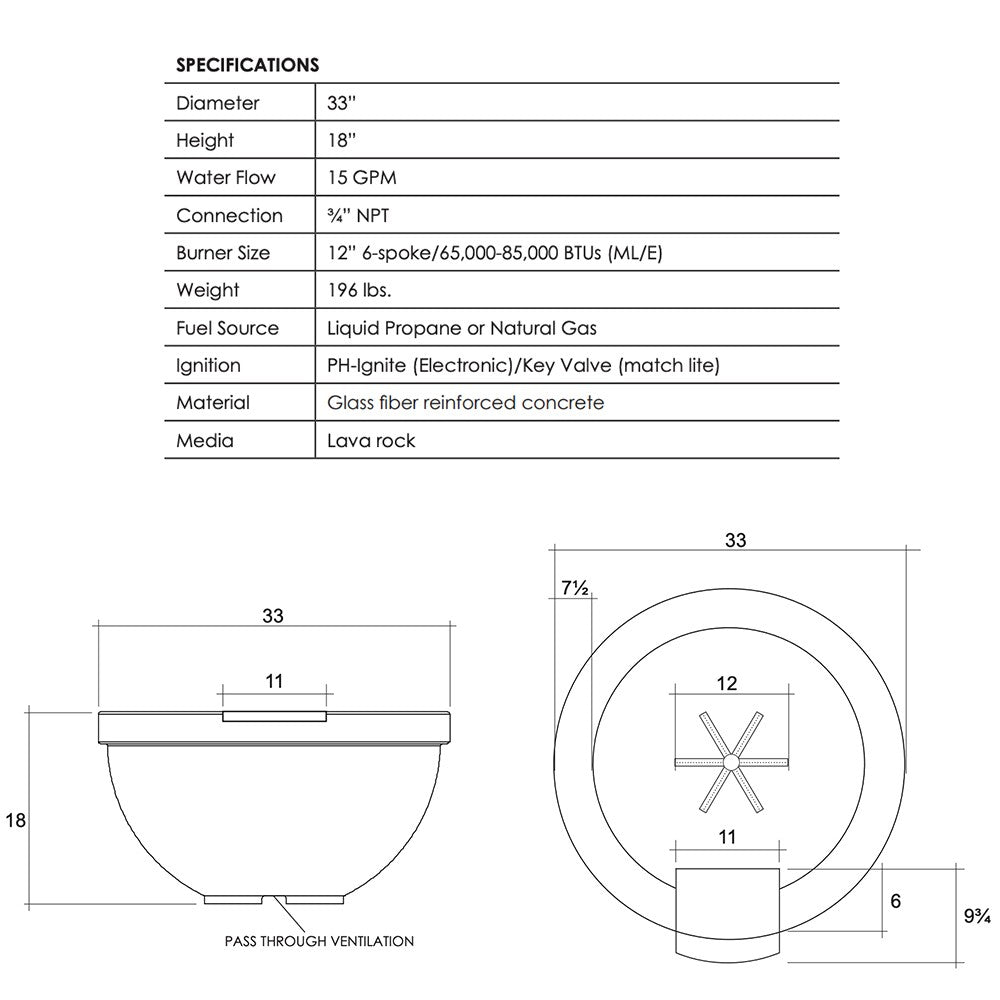 Concrete gas fire and water bowl dimension diagram with vent and burner symbols