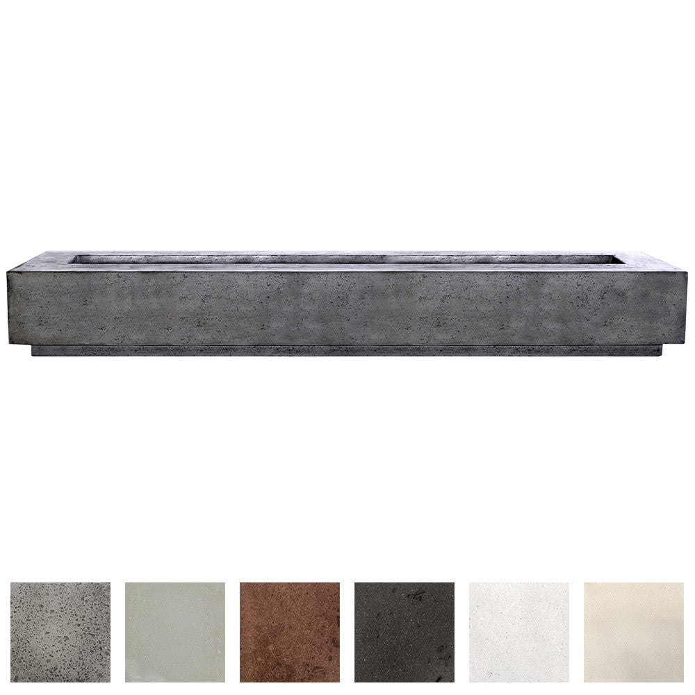 Concrete gas fire pit base with recessed burner tray, rectangular, dark gray