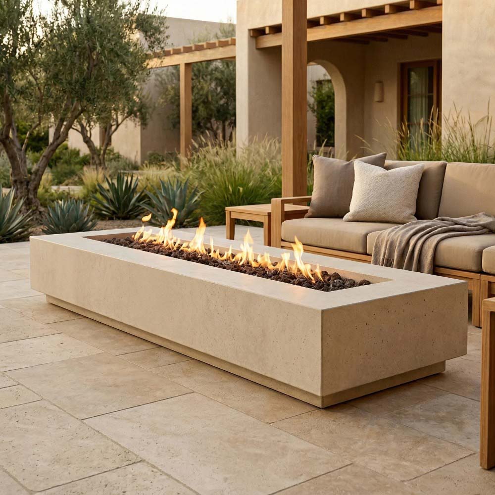 Concrete gas fire pit with flames, low rectangular burner box