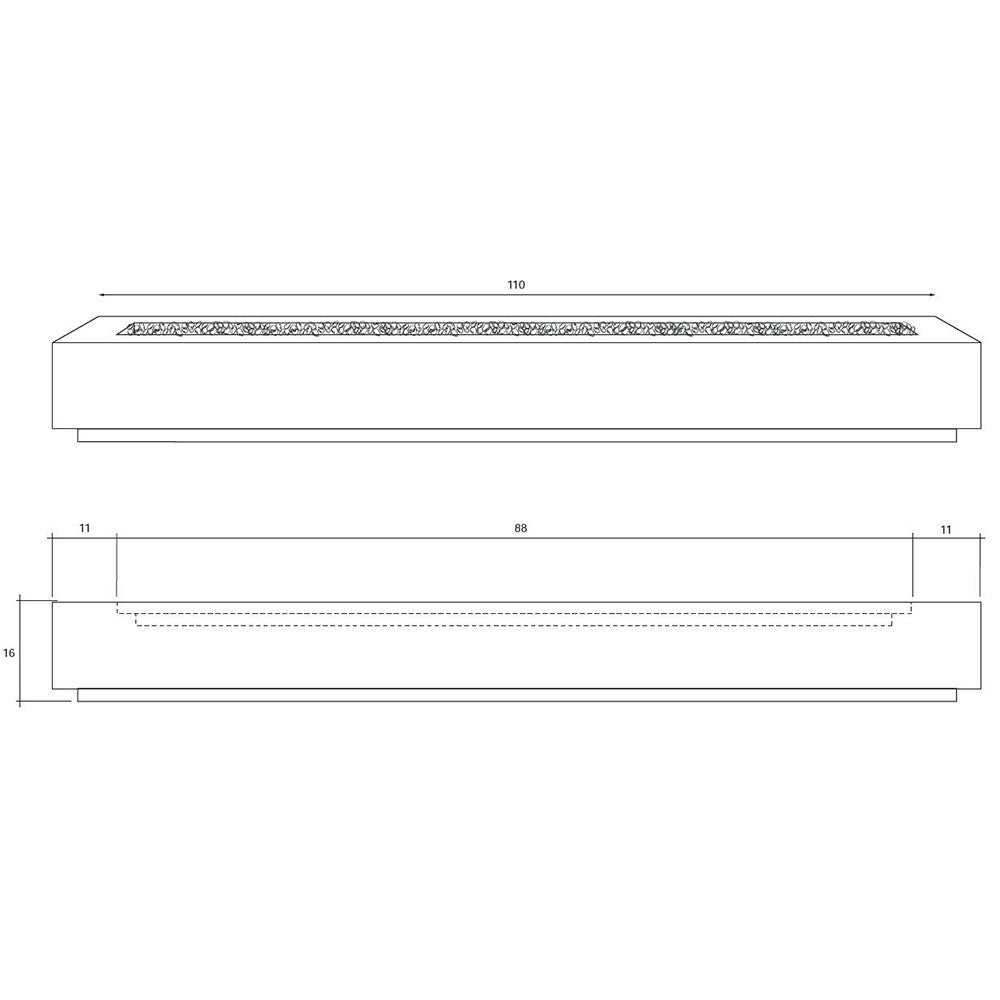 Rectangular concrete gas fire pit dimension diagram, 110 in length