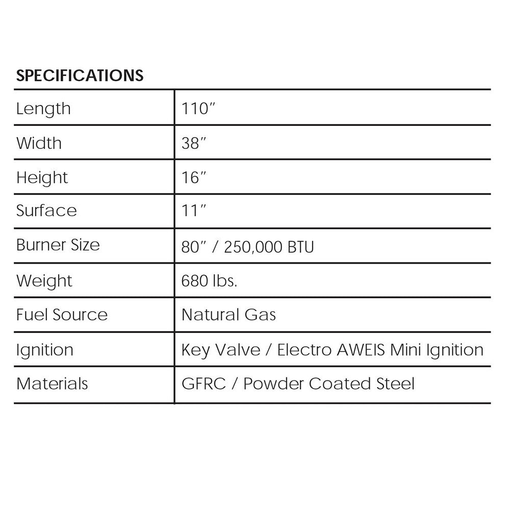 Gas fire pit specifications table with 110 in length and 38 in width