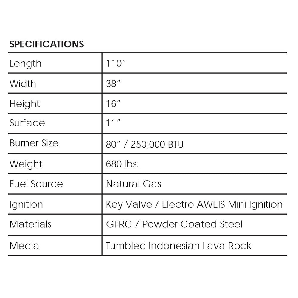 Gas fire pit specifications table with natural gas, ignition, and burner details