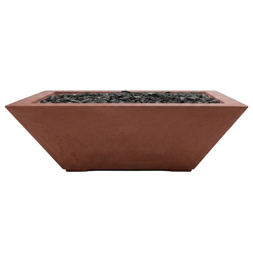Rust red concrete gas fire bowl with lava rock fire bed
