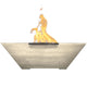 Light concrete gas fire bowl with raised rectangular burner and flames