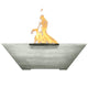 Gray concrete gas fire bowl with raised rectangular burner and flames
