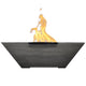 Dark charcoal concrete gas fire bowl with raised rectangular burner and flames
