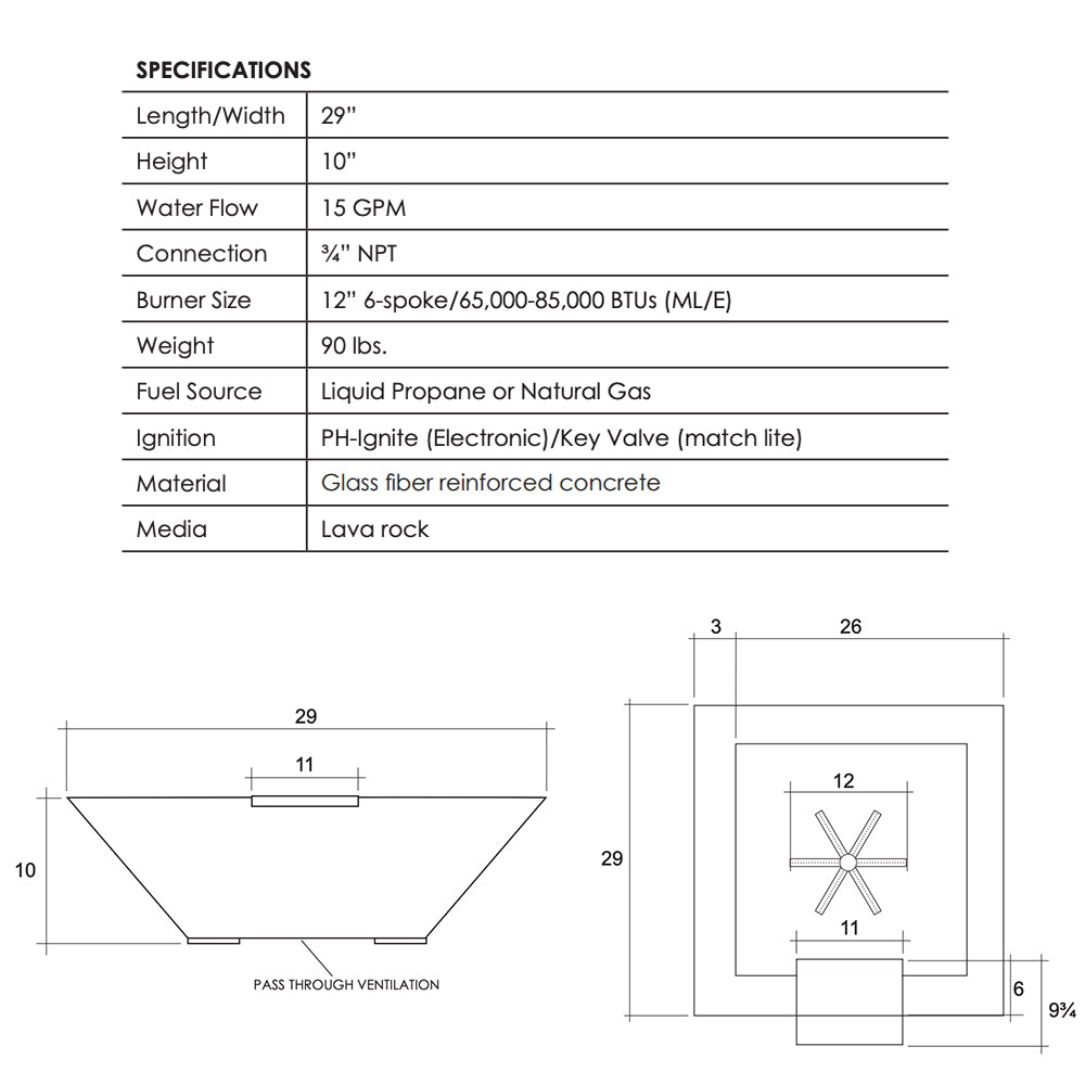 Technical diagram with dimensions for concrete gas fire bowl, front and side views