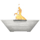 Light gray concrete gas fire bowl with raised rectangular burner and flames