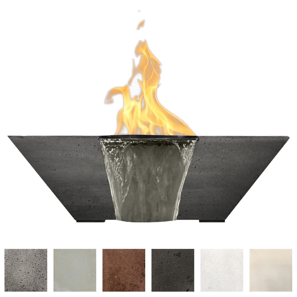 Dark concrete gas fire and water bowl with flames rising from central burner
