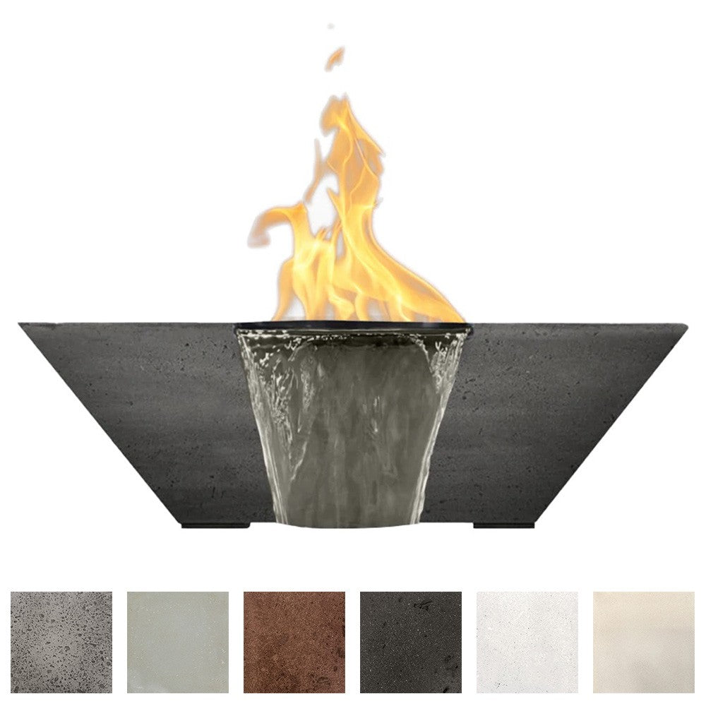 Concrete gas fire and water bowl with dark finish, burning flame, open top