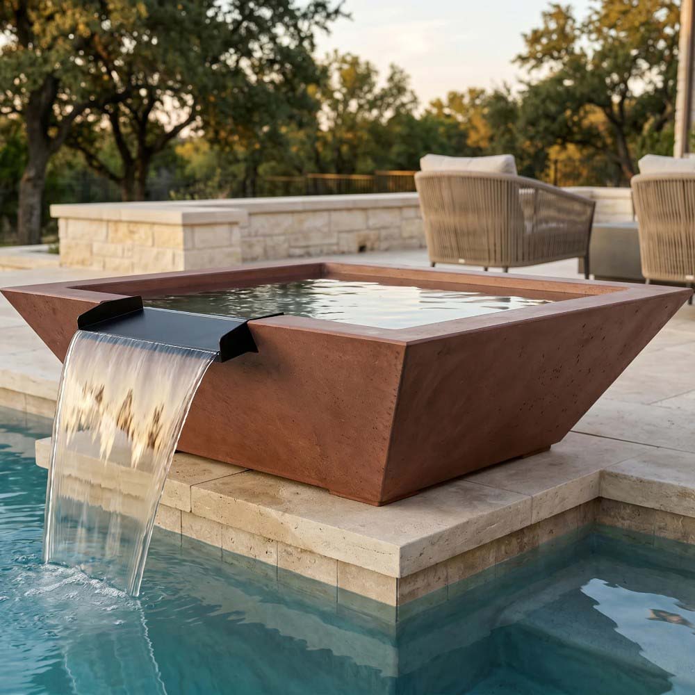 Square concrete gas fire and water bowl in brown finish with flowing water