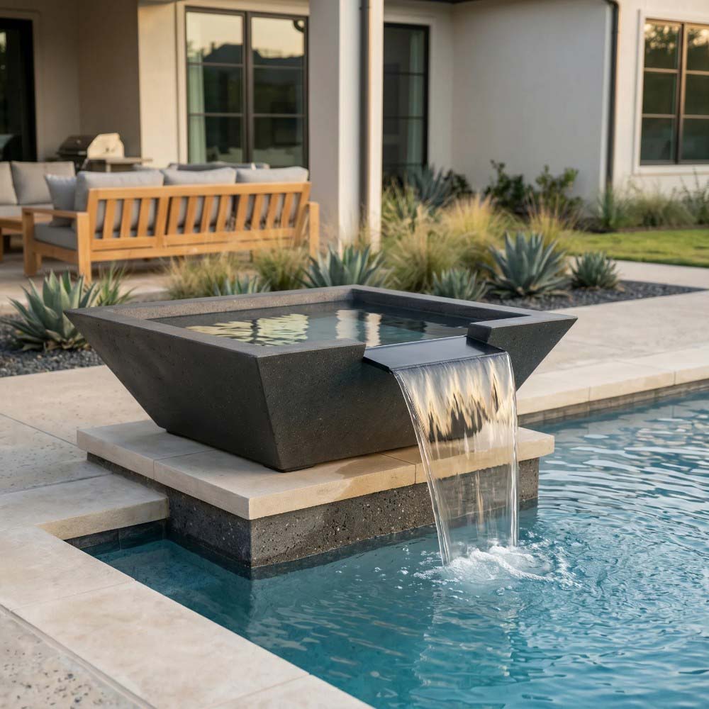 Concrete gas fire and water bowl in dark gray with raised top ledge and water spill