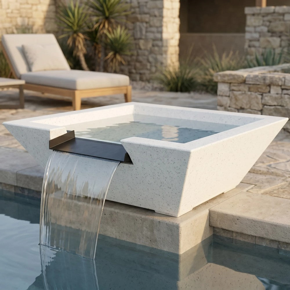 Concrete gas fire and water bowl with light stone finish and water spill