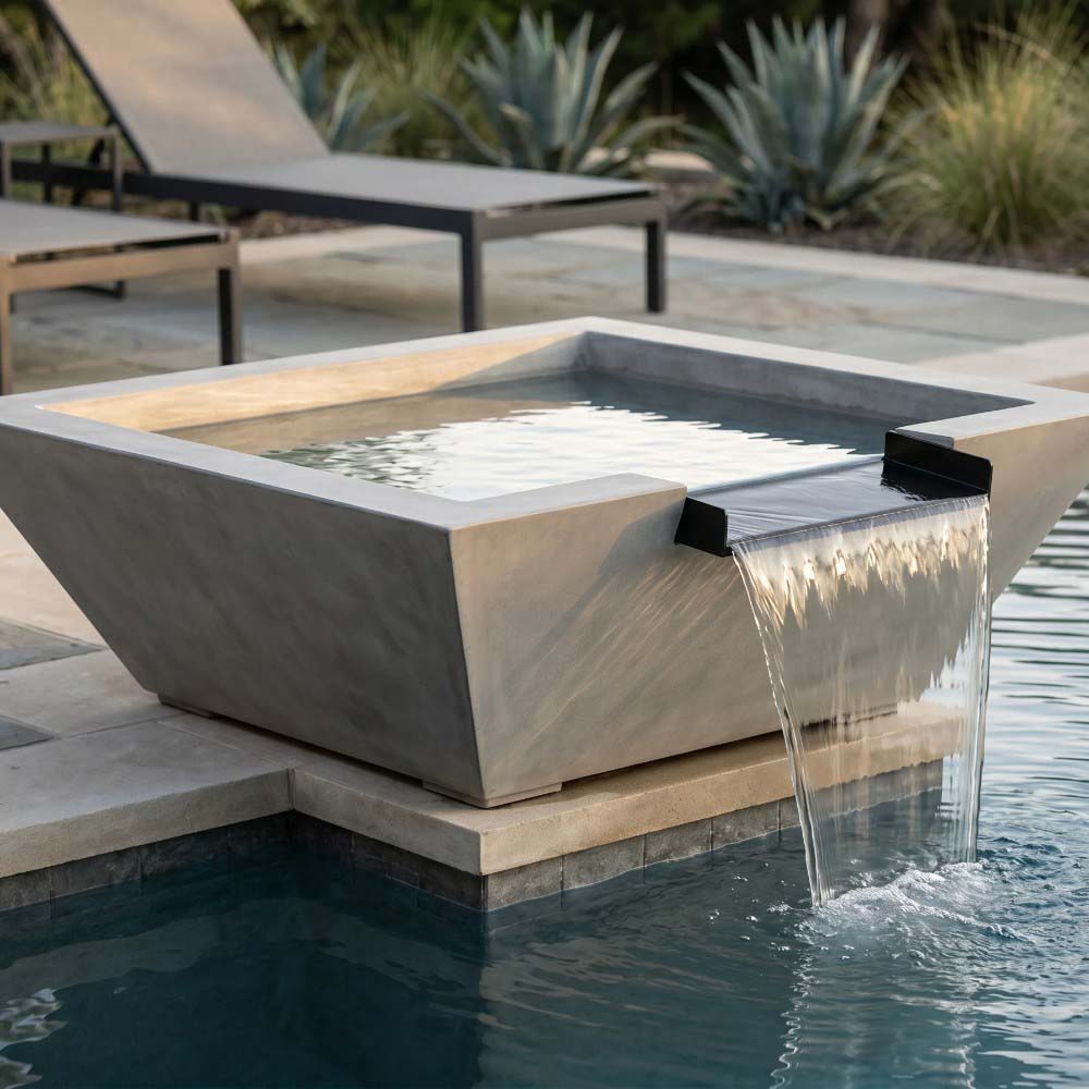 Light gray concrete gas fire and water bowl with water jets spilling over front edge
