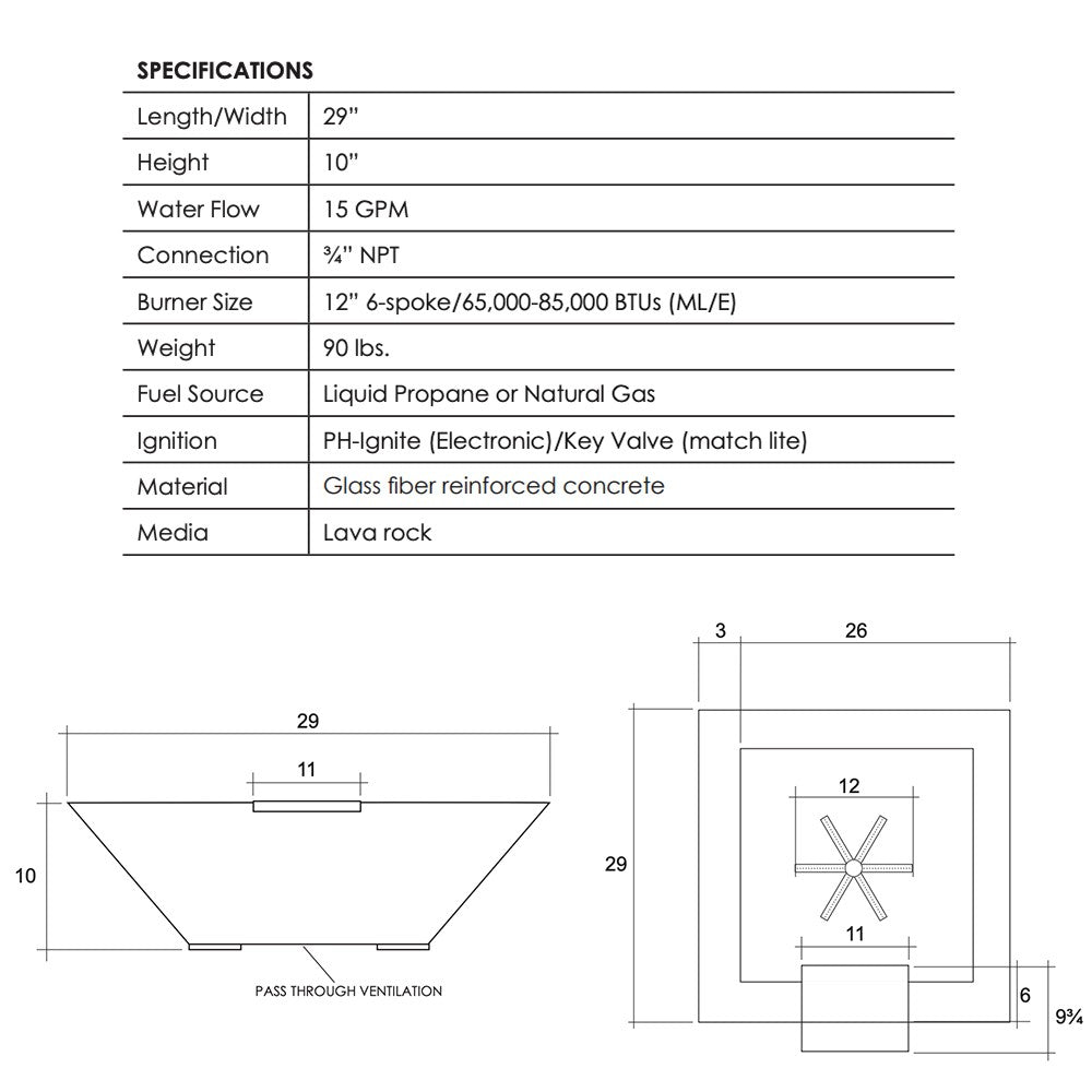 Technical line drawing of a square concrete gas fire bowl with dimensions