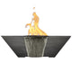 Deep gray concrete gas fire and water bowl with flames from central burner