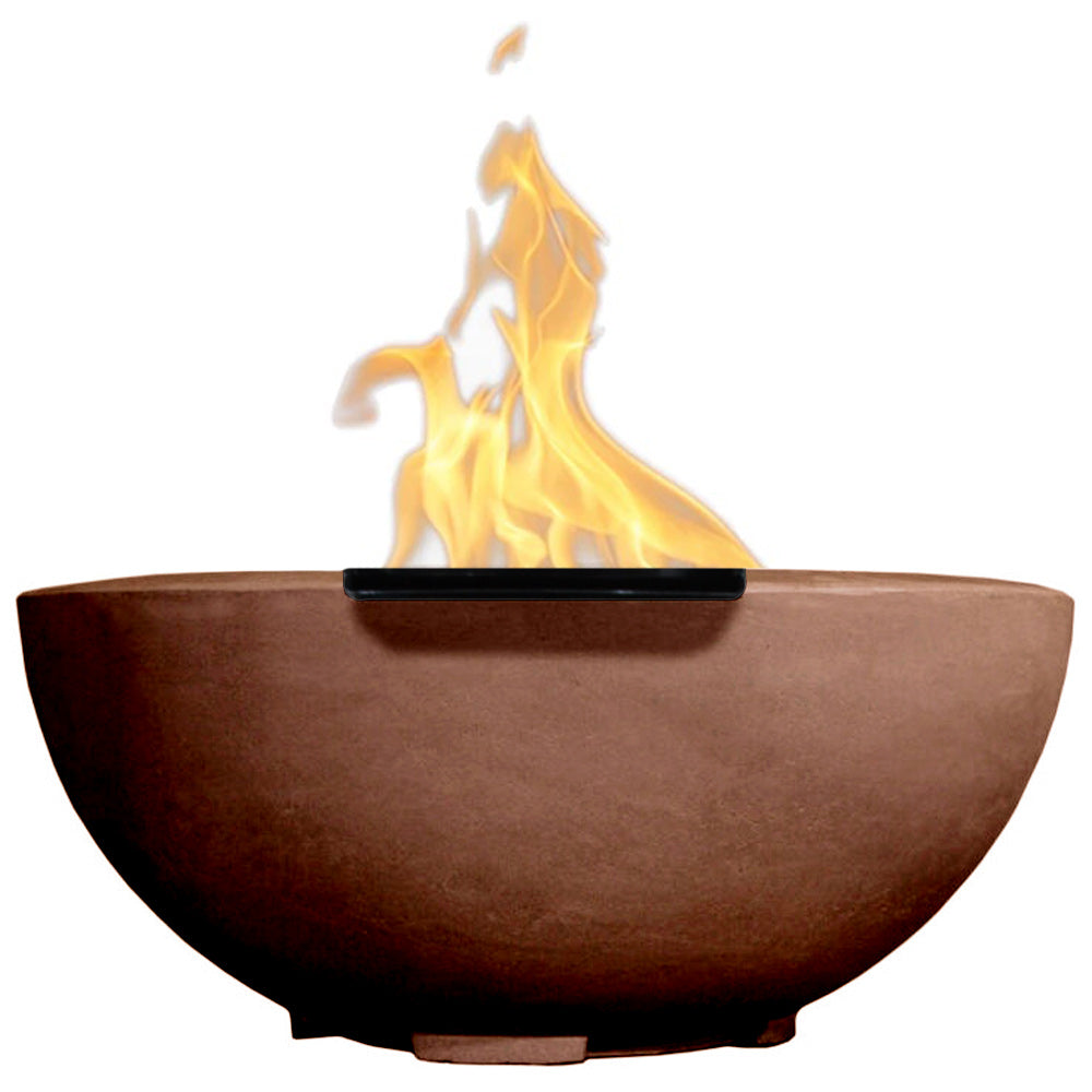 Concrete gas fire bowl with flame, brown finish, modern round bowl
