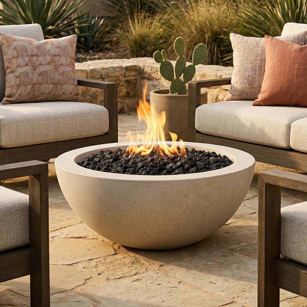 Prism Hardscapes Moderno concrete gas fire bowl, 29-inch, round with burning flames