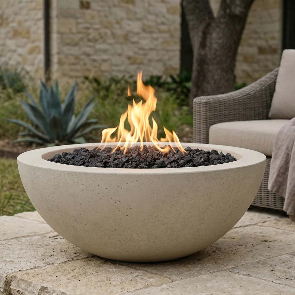 Prism Hardscapes Moderno concrete gas fire bowl, 29-inch, light tan with flames