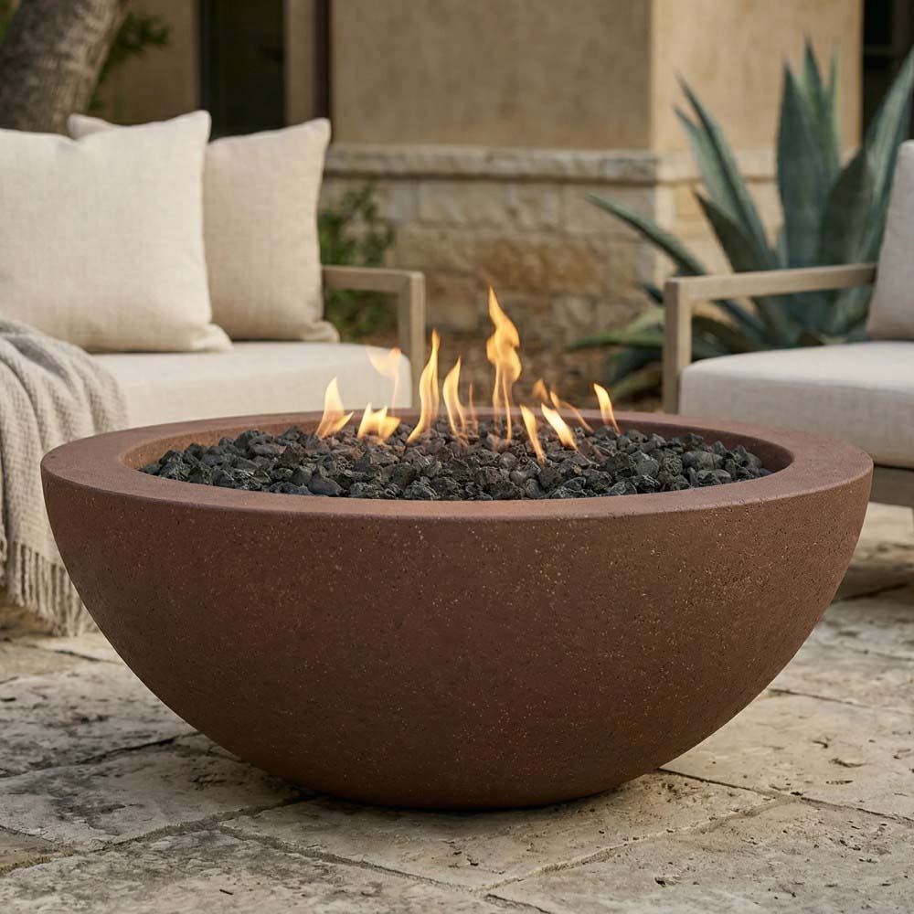 Prism Hardscapes Moderno concrete gas fire bowl, 29-inch, brown bowl with flames