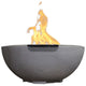 Concrete gas fire bowl with flame, charcoal gray finish, modern round bowl