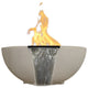 Concrete gas and water fire bowl with cascading water and flames, light gray