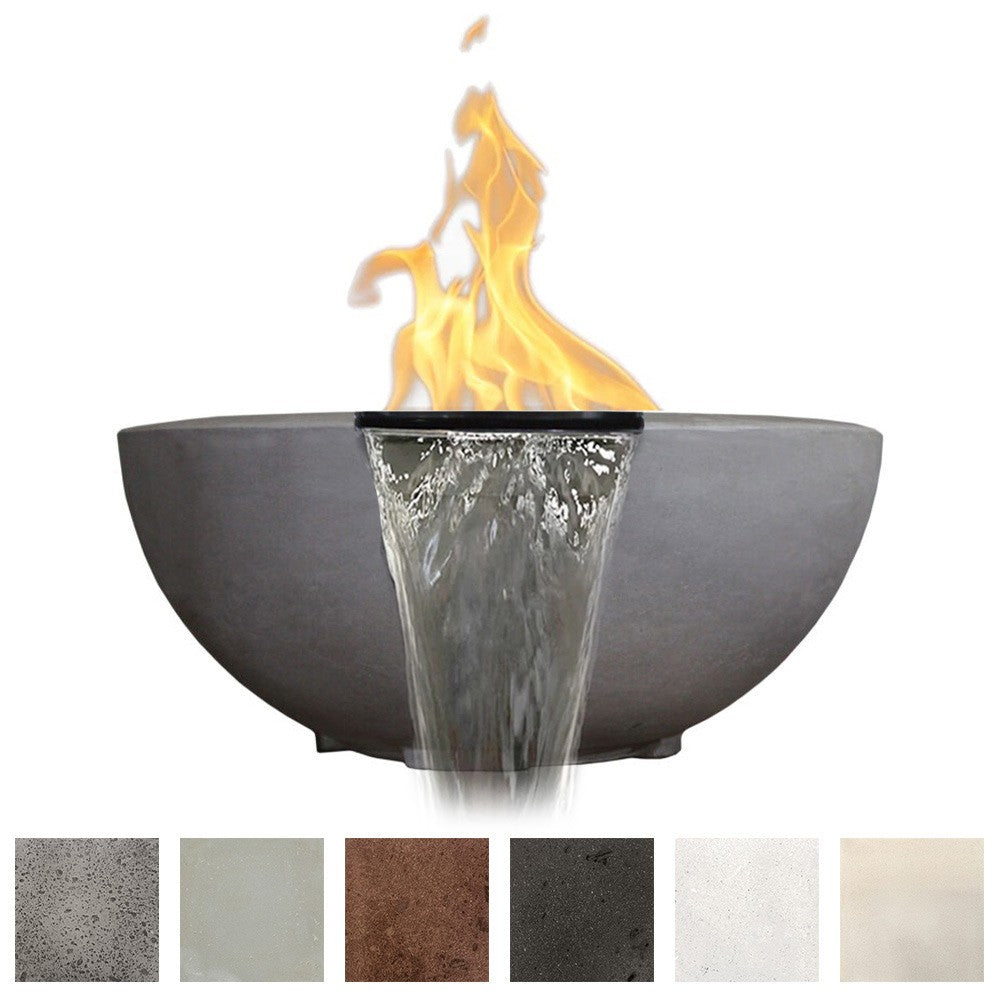 Round concrete gas and water bowl with flame and central water spill