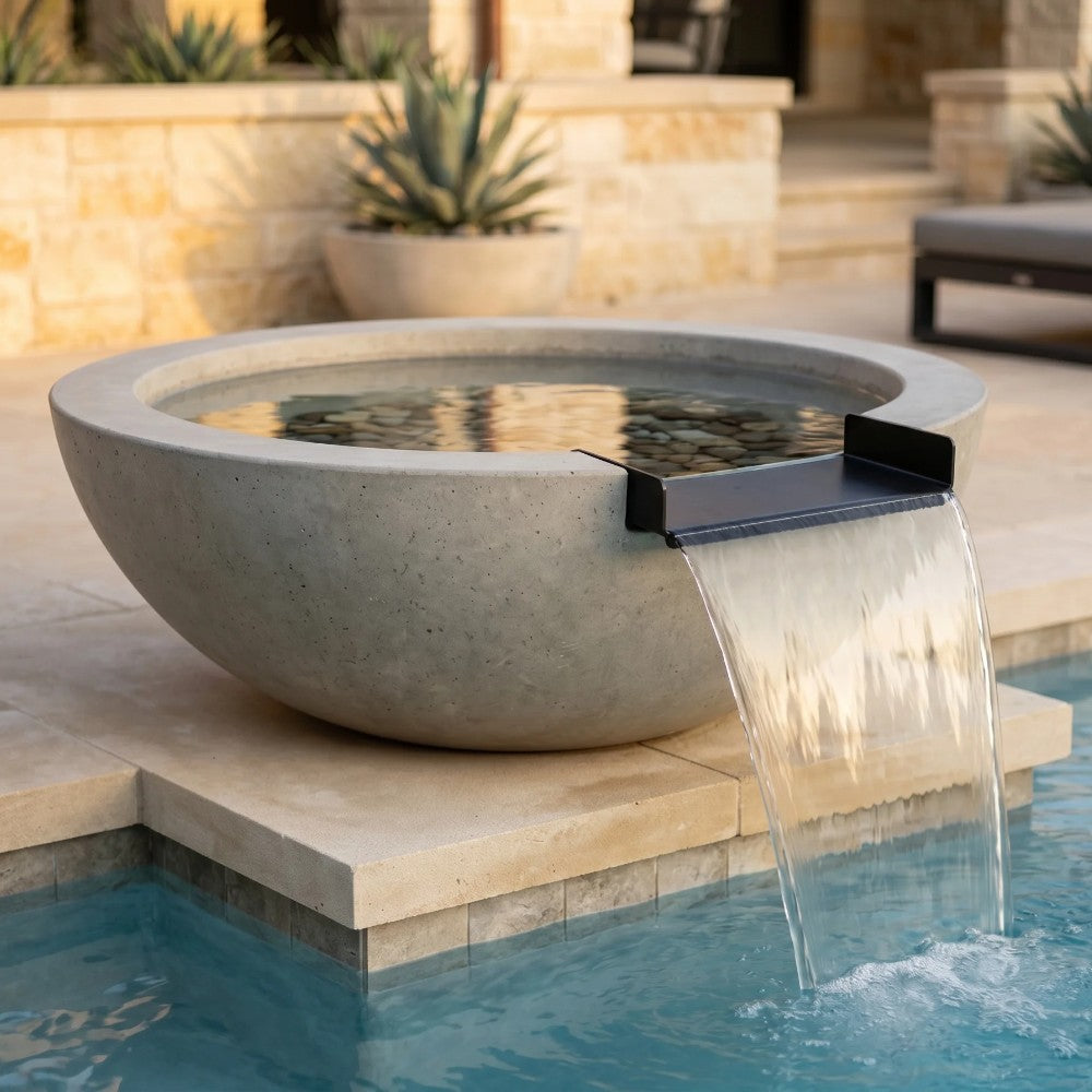 Concrete gas and water bowl with flowing water spout, modern round design