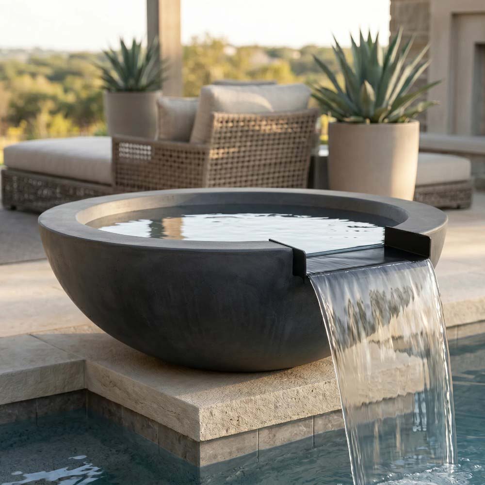 Dark round concrete gas and water bowl with overflowing water and burner cover