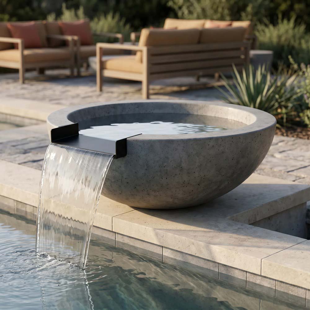 Round concrete gas and water bowl with side water spout pouring into basin