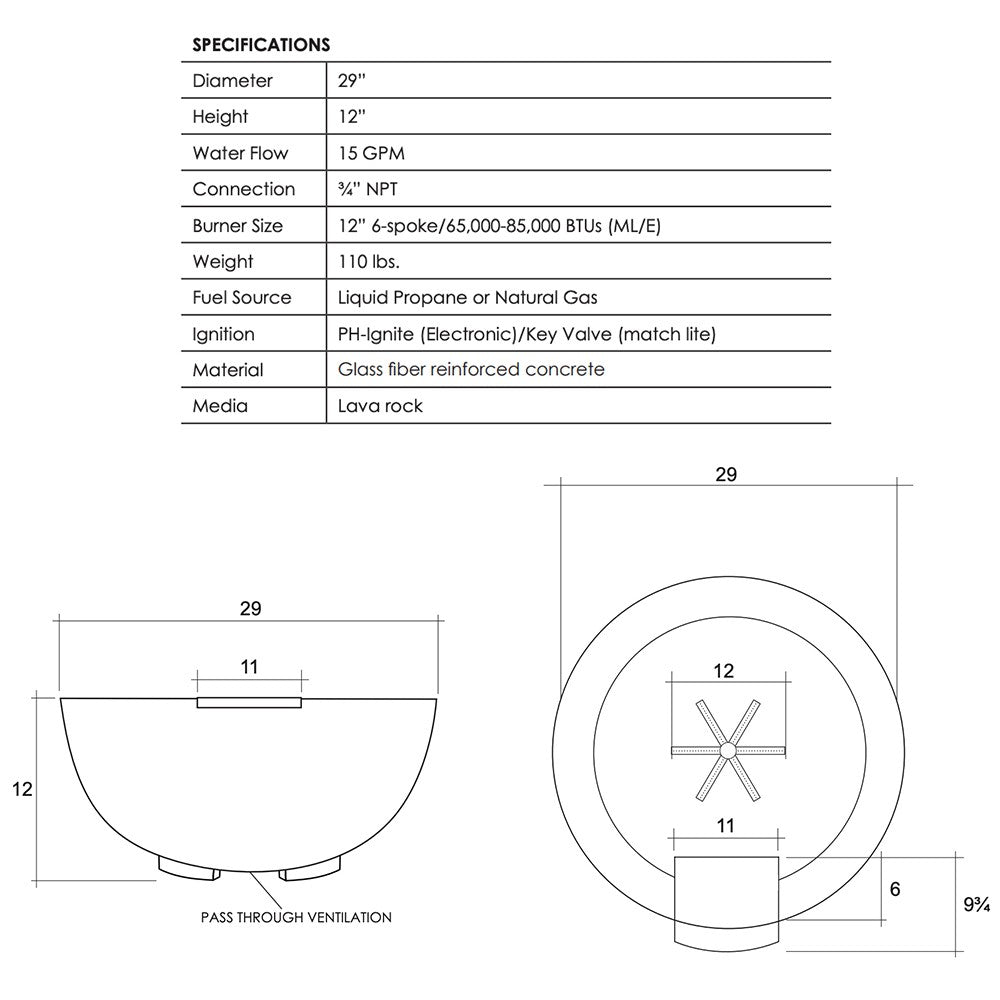Concrete gas and water bowl size and connection specifications diagram