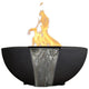 Concrete gas and water fire bowl with cascading water and flames, black
